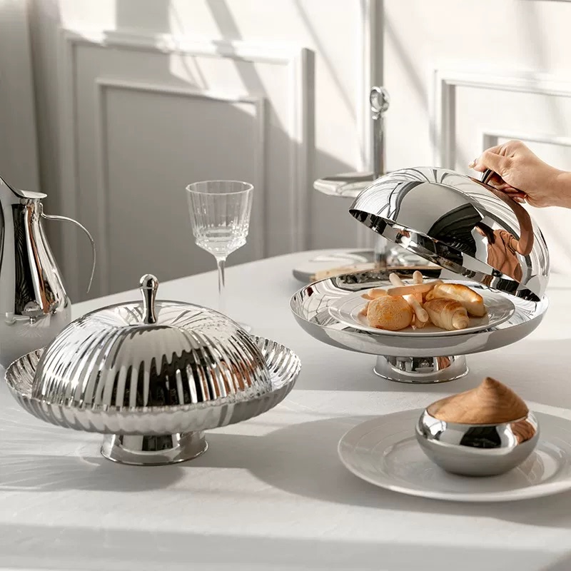 European-Style Stainless Steel Dining Tray with Lid, Steak Plate, Fruit Plate, Bread Snack Cake Plate, Dust-Proof Cover, Serving Tray