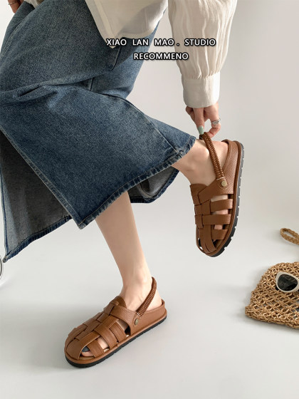 法式包头半拖鞋女镂空编织软底2025新款夏外穿配裙子时尚罗马凉鞋