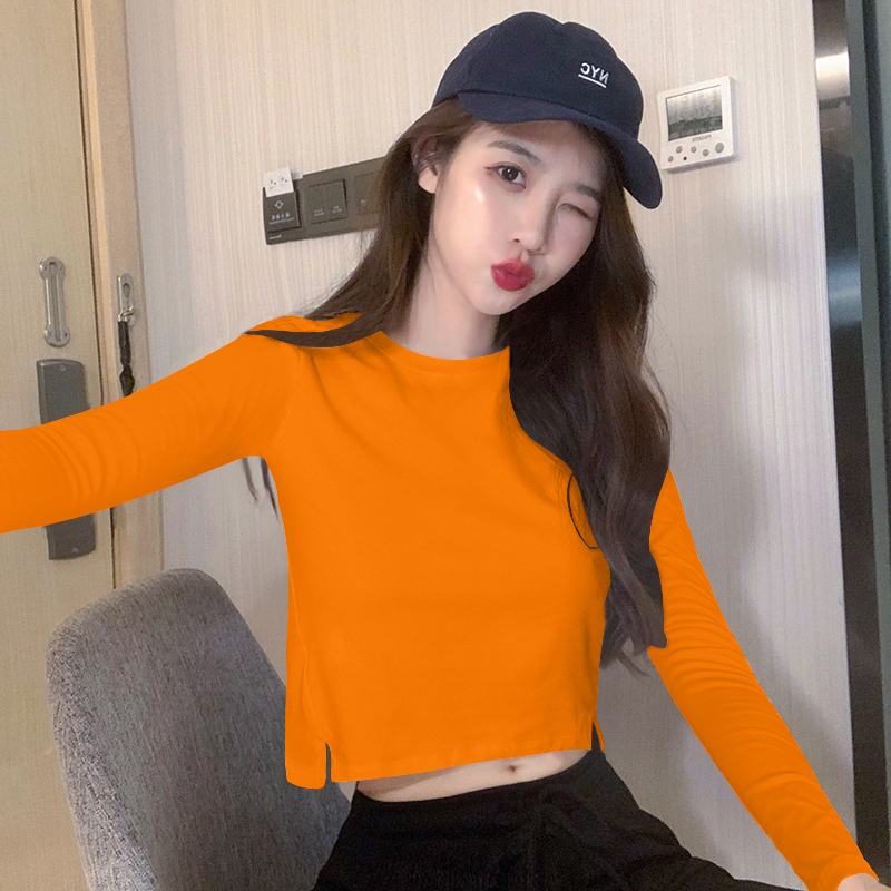 Orange Pure Cotton Long-Sleeved T-Shirt for Women, Spring and Autumn Slim Fit Inner Wear, High-Waisted Outer Wear, Short Tight-Fitting Top for Women