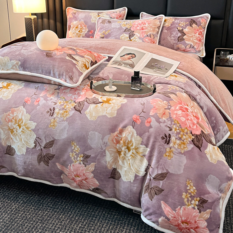 Class a Maternal and Infant Grade Milk Velvet Printed Four-Piece Set, Anti-Static, Double-Sided Fleece, High-Quality Warm Bed Sheet and Duvet Cover