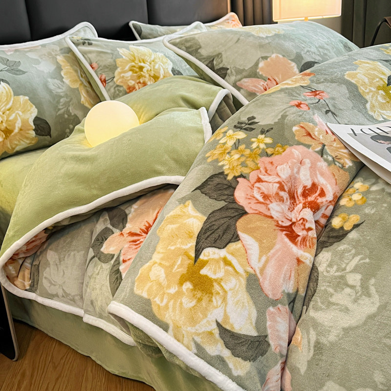 Class a Maternal and Infant Grade Milk Velvet Printed Four-Piece Set, Anti-Static, Double-Sided Fleece, High-Quality Warm Bed Sheet and Duvet Cover