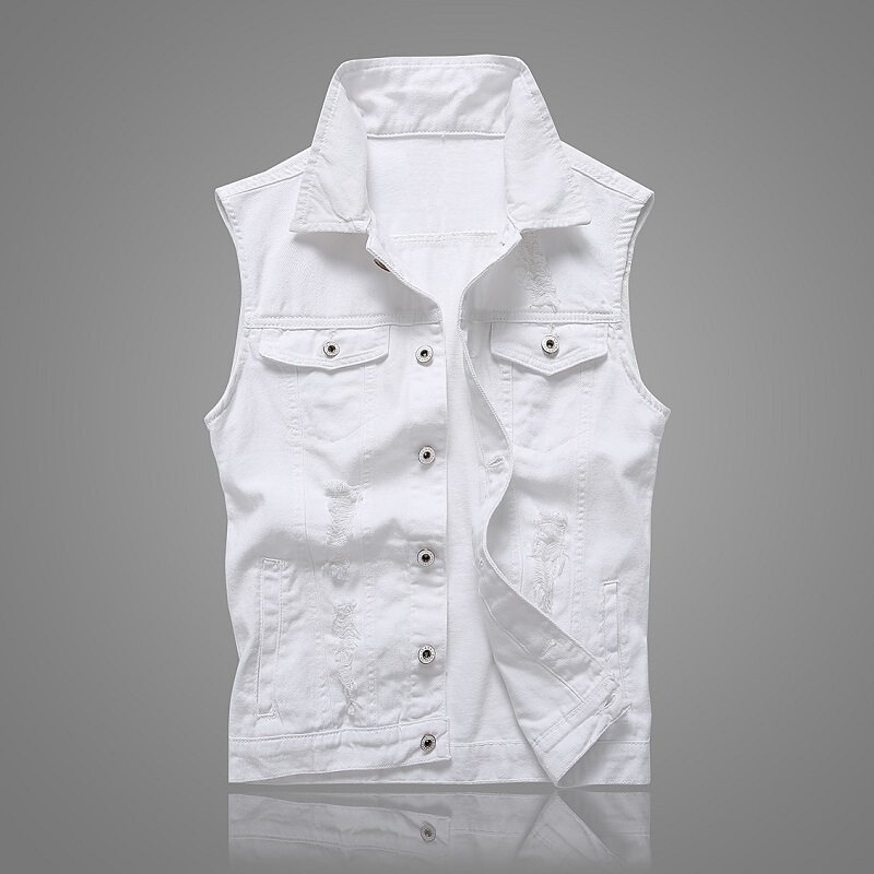 Summer Sleeveless Denim Vest for Men, Slim Fit Ripped Vest, Korean Style Spring and Autumn White Top, Trendy Men's Vest Summer Sleeveless Denim Vest for Men, Slim Fit Ripped Vest, Korean Style Spring and Autumn White Top, Trendy Men's Vest
