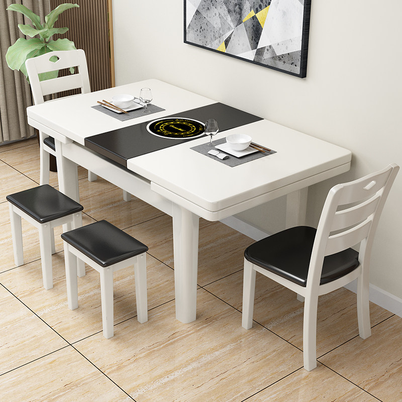 Modern simple all solid wood dining table and chair combination induction cooker retractable folding small apartment dining table home table
