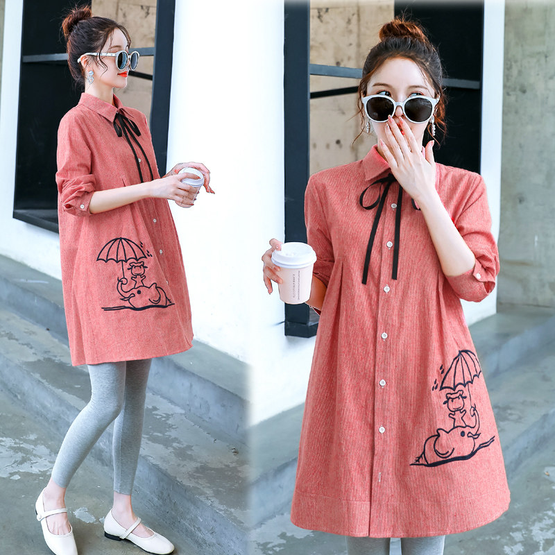 Maternity Autumn Shirt 2022 New Korean Embroidered Shirt Mid Length Loose Large Size Long Sleeve Top Tide Mom