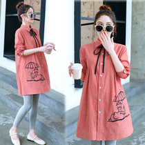 Maternity spring shirt 2021 new Korean embroidery shirt medium long loose large size long-sleeved top tide mom