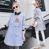  Pregnant womens shirts Autumn tops Mid-length long-sleeved shirt skirts Korean loose pregnant womens bottoming shirts Large size tide mom