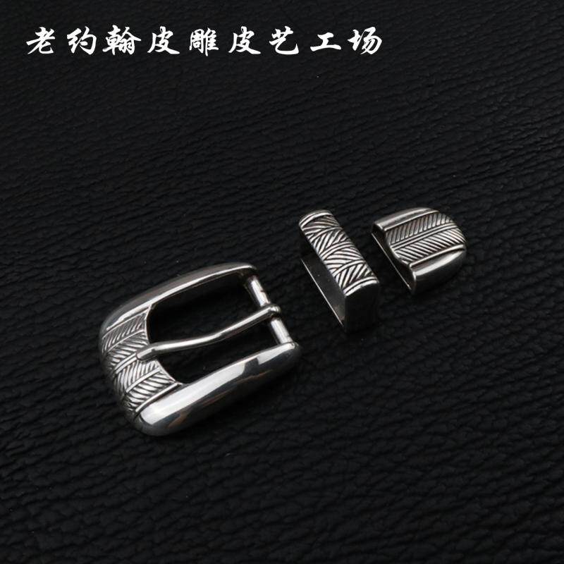 Western belt buckle male pin button 24mm American retro woven textured cord silver plated leather strap buckle with three sets of belt buckle