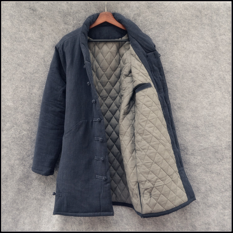 Chinese style Chinese tang dress linen thick cotton coat winter middle-aged men's long cotton linen cotton coat