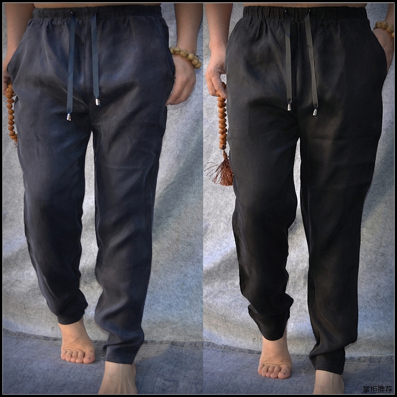 Summer thin Authentic Silk Pants Men Style Casual Pants Retro Small Feet Mulberry Silk Long Pants Men's Wave Loose Ice Silk Men Pants