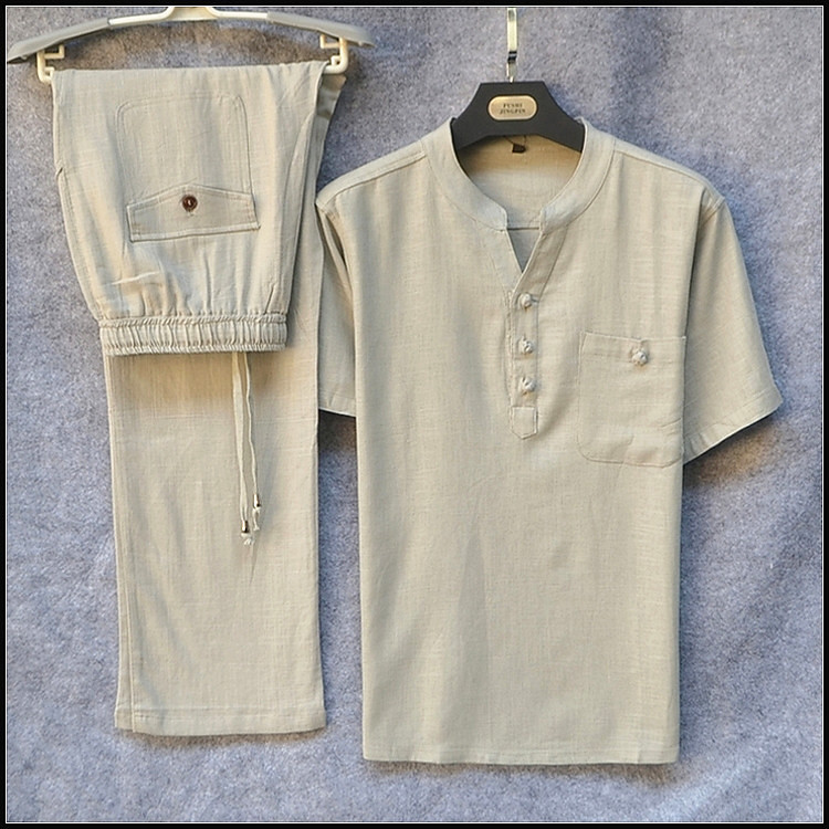 Oversized Chinese wind cotton hemp set short sleeves T-shirt men's Tang dress loose middle aged and elderly linen dad dress summer thin T