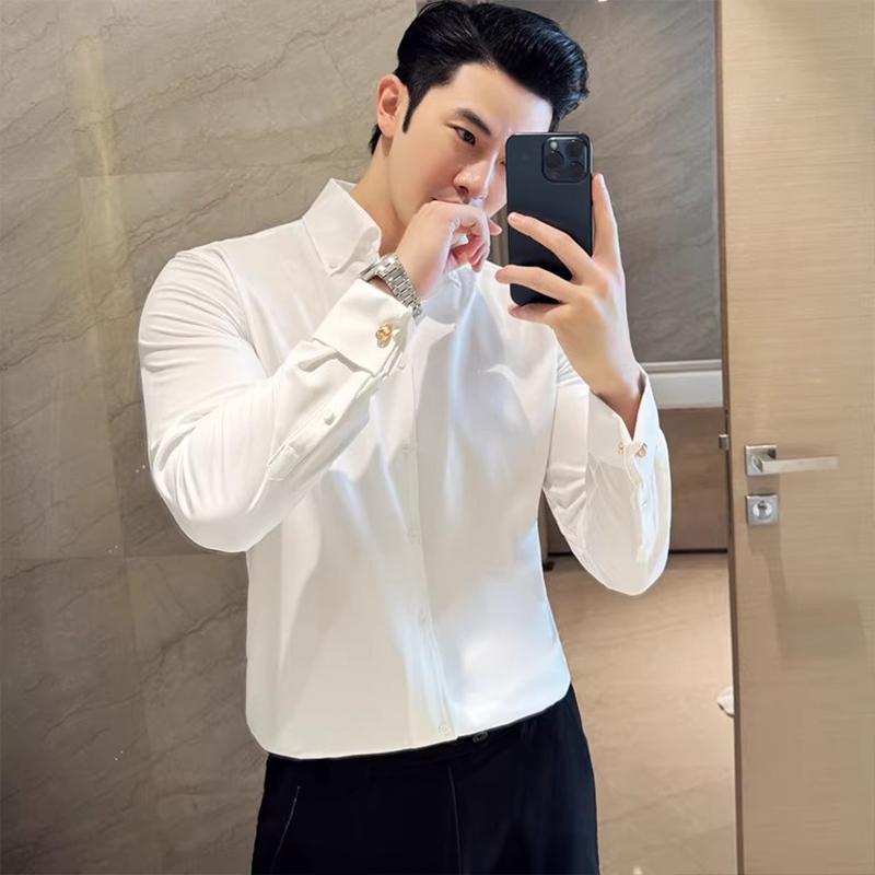 French Cuff Long-Sleeve Shirt for Men 2026 New Spring and Autumn High-End V-Neck Stretch Solid Color One-Piece Collar Shirt