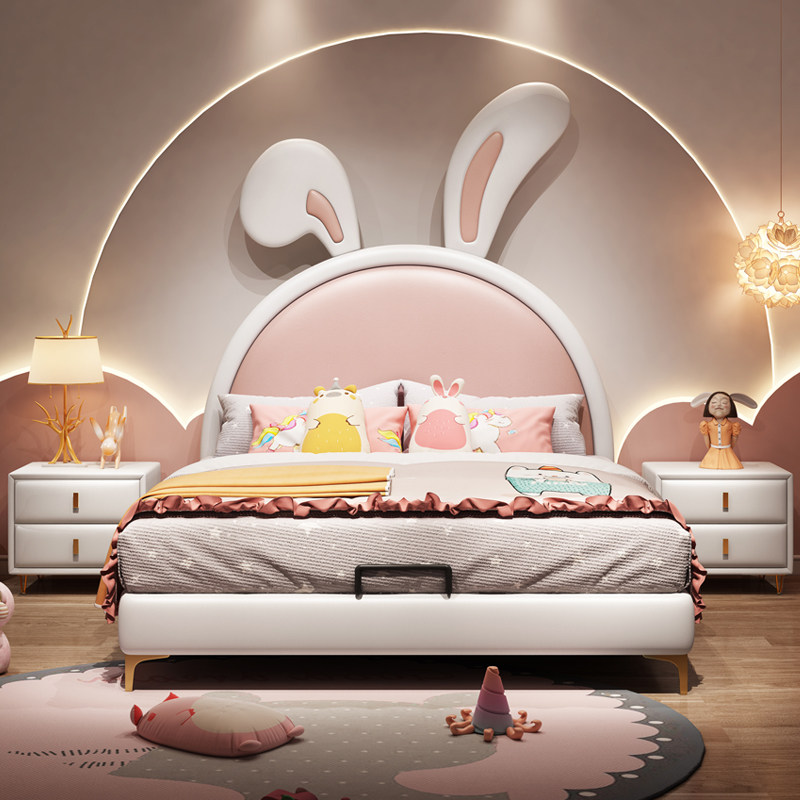 Child Bed Girl Princess Bed Brief Cartoon Bunny Bunny Bed 1 5 m Solid Wood Genuine Leather Bed High Box Small Family