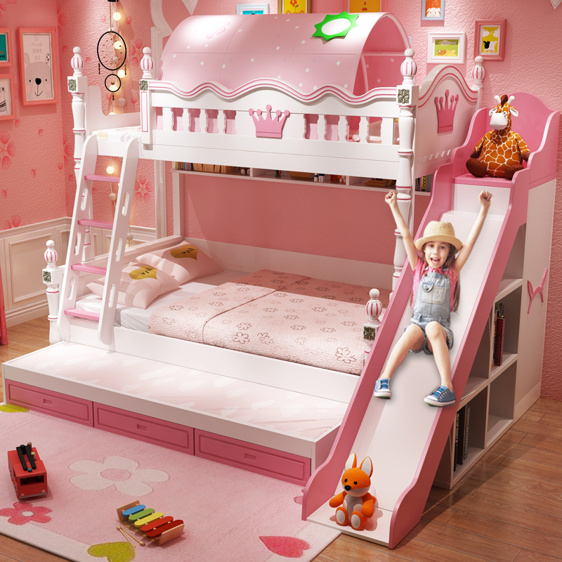 High and low bed Twin Beds Girl Solid Wood With Slide Pink Double Man Bed Up And Down Bunk Bed Double Bed Double Bed Double Bed Child Primary Bed