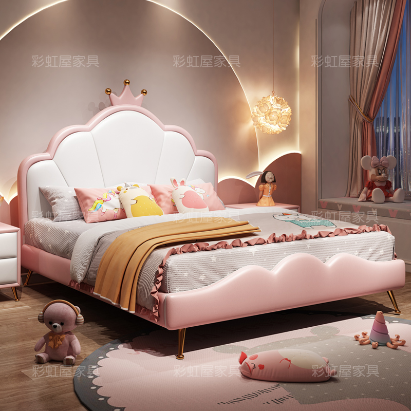 Net red children's soft girls soft mute small apartment type solid wood children's room combination set 1 2 high box crown leather mule