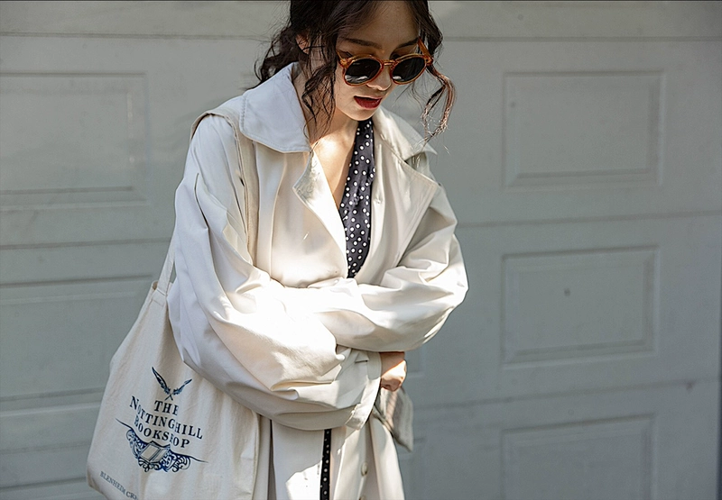 AMBOSC mùa thu mới linh hoạt tính khí đơn ngực phù hợp với cổ áo màu rắn dài tay dài trench coat phụ nữ