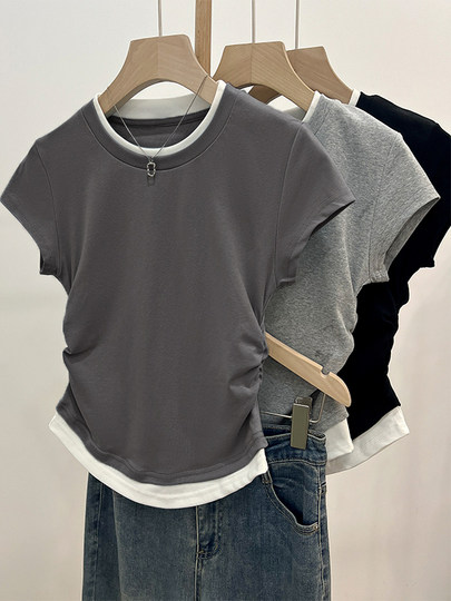 Gray right shoulder T-shirt short sleeve women's summer day 2025 new American slim fit inner short hot girl top
