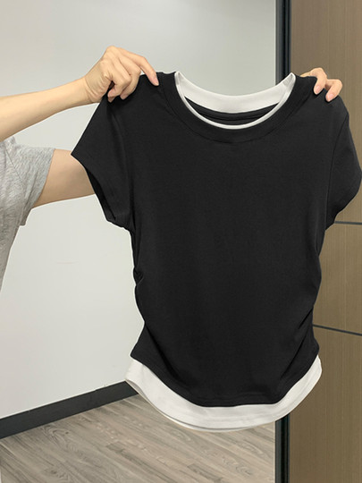 Gray right shoulder T-shirt short sleeve women's summer day 2025 new American slim fit inner short hot girl top
