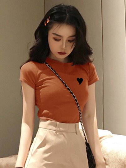 American Retro Printed Shoulder Short Sleeve Summer 2025 New Slim Fit Hot Girl Ins Round Neck T-shirt Women's Top Half Sleeve