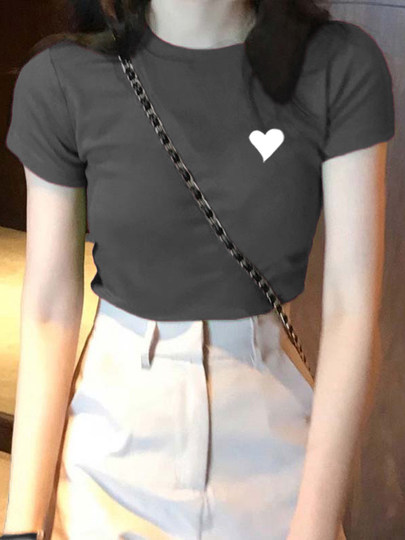 American Retro Printed Shoulder Short Sleeve Summer 2025 New Slim Fit Hot Girl Ins Round Neck T-shirt Women's Top Half Sleeve