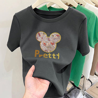 T-Shirt Summer Gray 2025 Cotton Slim Fit Regular Shoulder New Hong Kong Style Chic Unique Design Women's Clothing