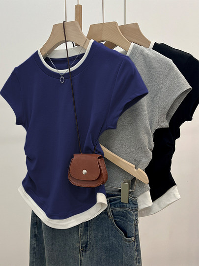 Summer gray fake two-piece right shoulder short-sleeved T-shirt for women, short, slim, pure lust, sweet and spicy waist design top for women