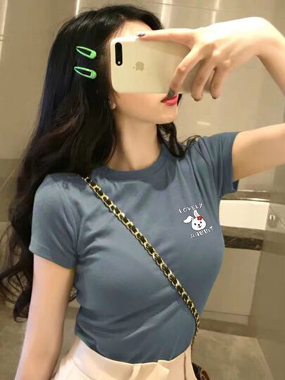 American retro trendy brand printed right shoulder slim short-sleeved T-shirt for women summer 2025 new half-sleeved short top for women