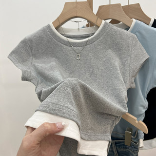 Summer Gray Fake Two-Piece Short-Sleeve T-Shirt for Women, Short, Slim-Fitting, Pure and Sweet, with a Waist-Cinching Design