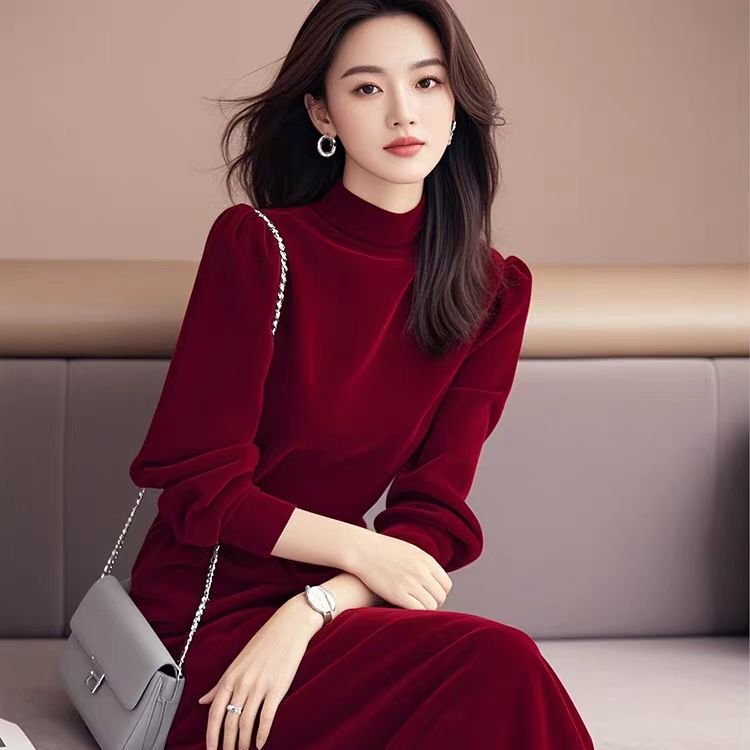 Spring and Autumn High-End Socialite Style Elegant New Year Encore Red Velvet Waist-Cinching Dress Spring and Autumn High-End Socialite Style Elegant New Year Encore Red Velvet Waist-Cinching Dress