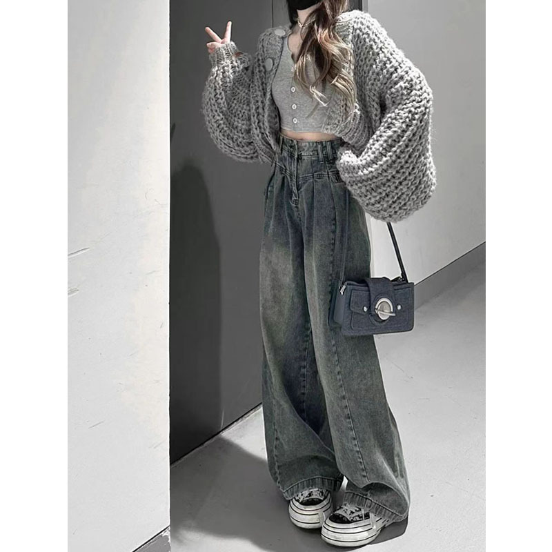 American Retro High Street Style Casual Loose Wide-Leg Jeans for Women, Spring and Autumn High-Waisted Straight-Leg Slimming Drapey Floor-Length Pants