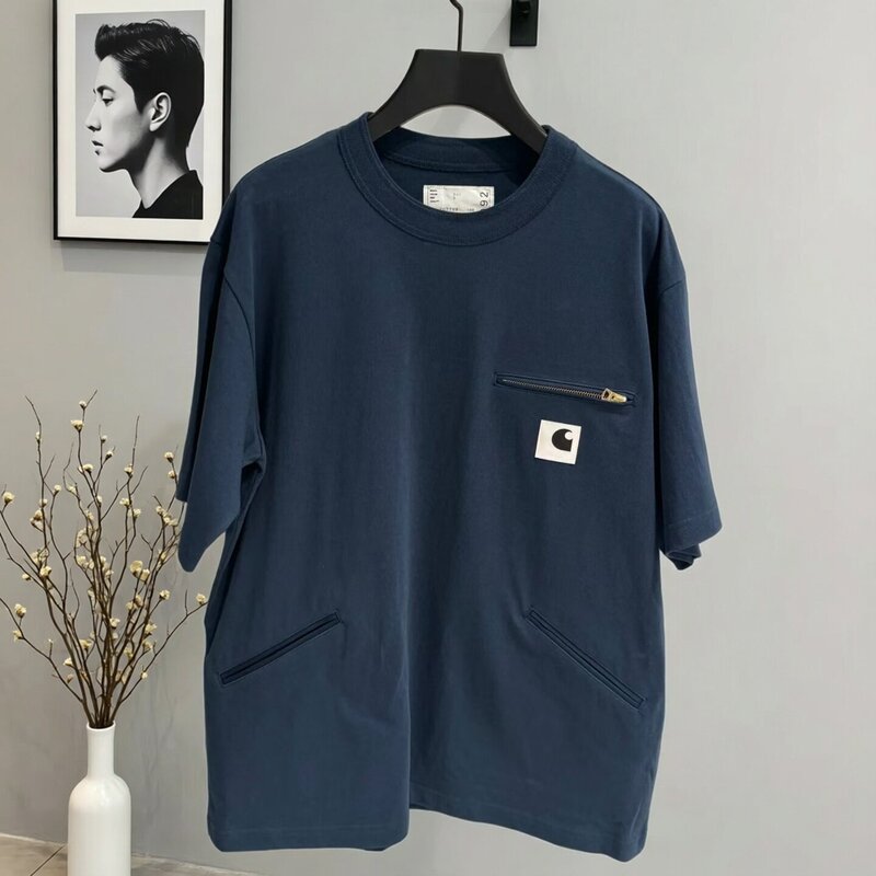 Round Neck Short-Sleeve Pocket T-Shirt for Men and Women, Heavyweight Pure Cotton, Multi-Pocket, Loose Fit, Plus Size, Casual Unisex Workwear Top