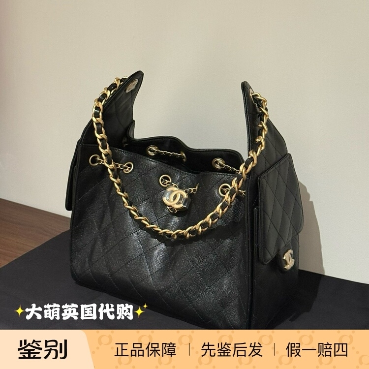 Chanel 25Bag New Classic Lychee Leather Black Gold Hobo Shoulder Bag Underarm Bag