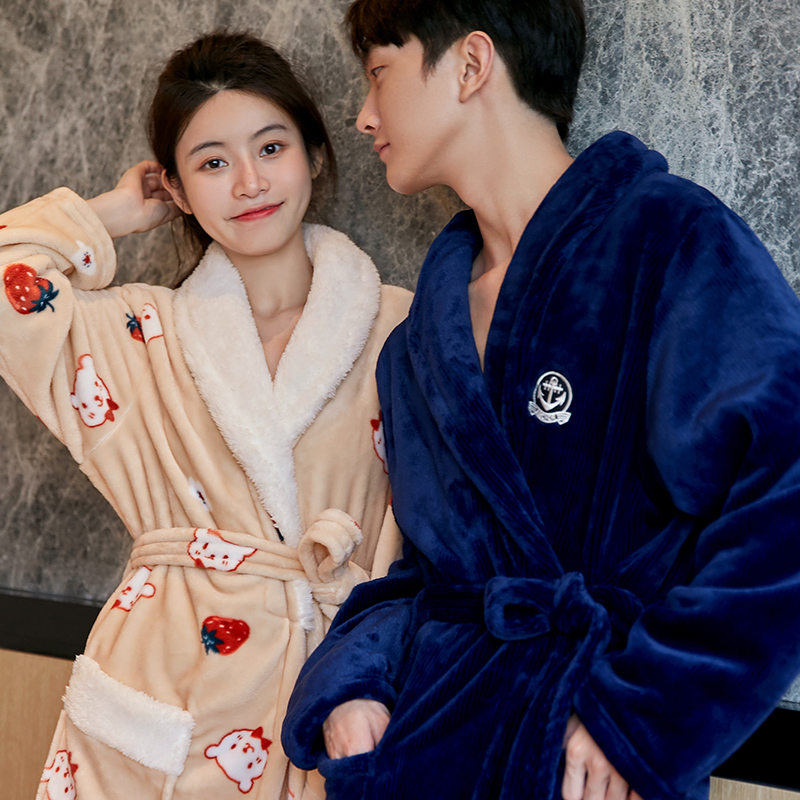 Couple coral velvet nightgown women's spring and autumn and winter flannel bathrobe pajamas plus velvet thickened extended men's bathrobe