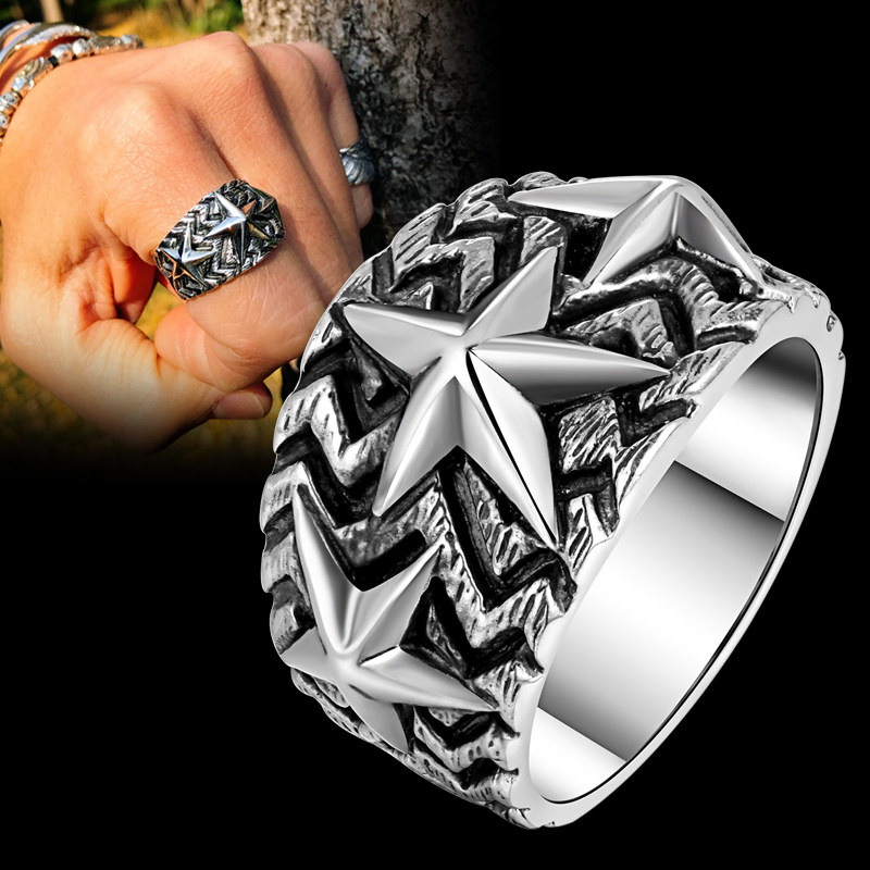 Rotai Old Silver Smith Retro Thai Silver Pentagonal Star Ring 925 Silver Ring Male Hip Hop Locomotive Men Personality Silver Accessories