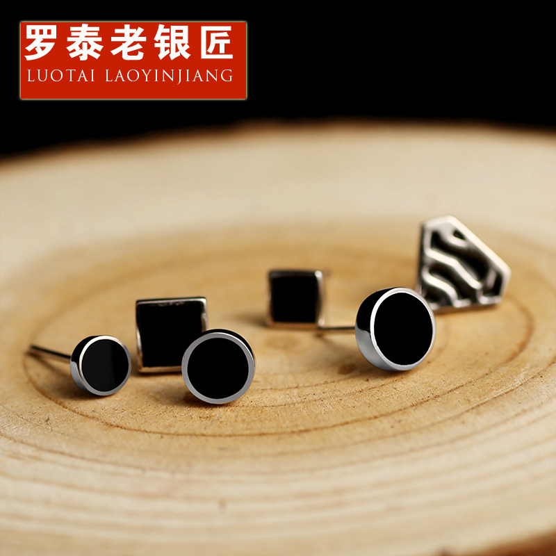 Luotai old silversmith 925 silver stud earrings single black fashion Korean version silver jewelry personality round earring earrings female