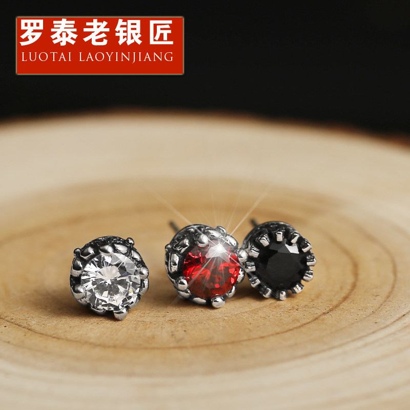 Rotai old silversmith 925 silver earbuds male and female single individuality retro Thai silver fashion tide male and black silver accessories