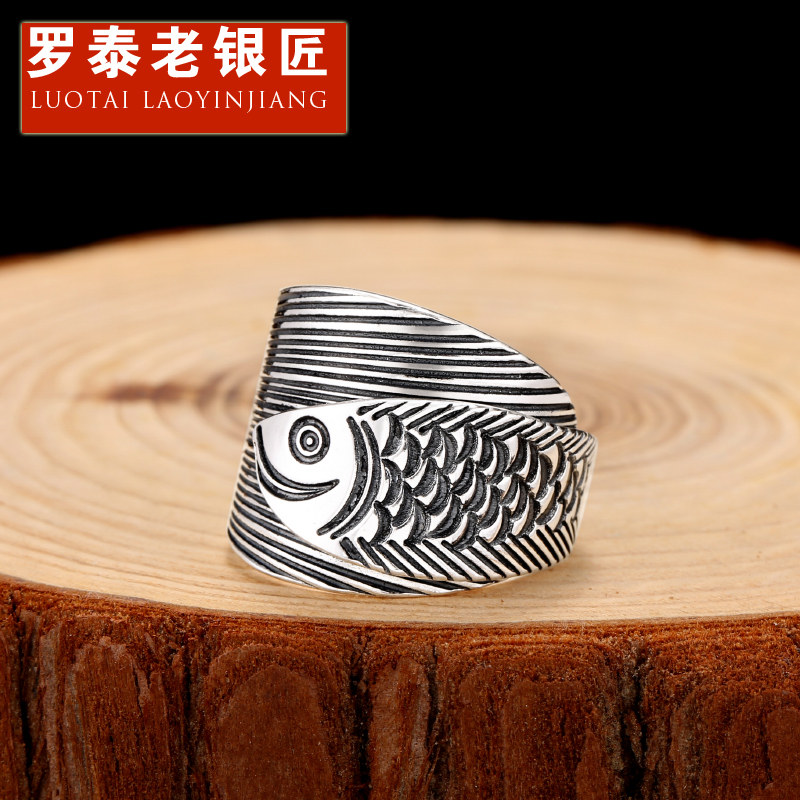 Rotai old silversmith 990 pure silver male ring female brief index finger single ring retro handmade opening adjustable