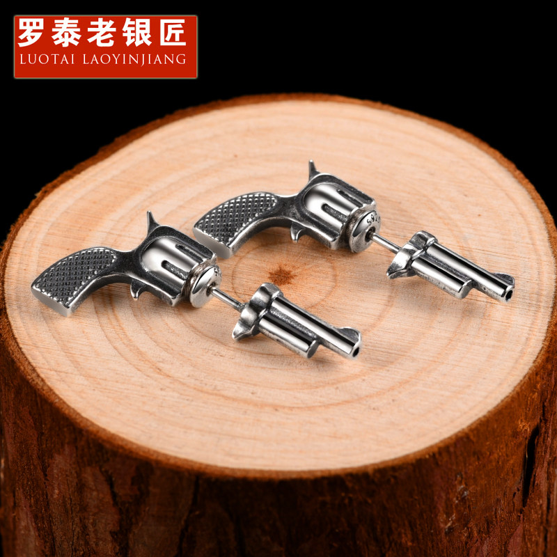 Rotai old silversmith 925 silver lukewarm wind ear pin net red men's singles only retro trend personality male boomers hip hop