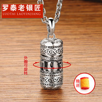 Rotai Old Silversmith 99 Foot Silver Six Words True Silver Pendant Gau Box Lenght Hollow Can Open Necklace Men and women