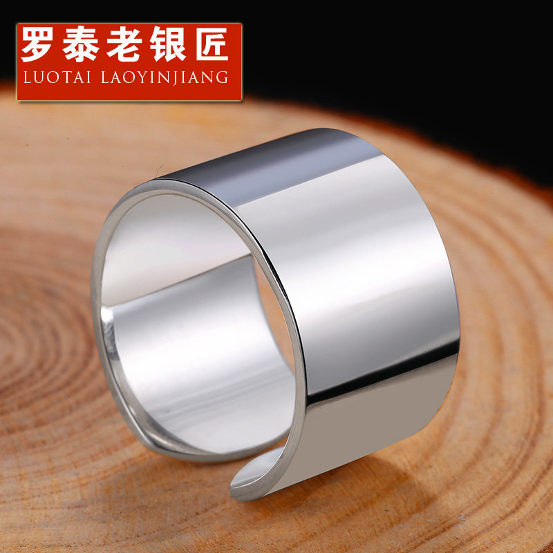 Luotai old silversmith 999 sterling silver opening ring couple personality male ring female Korean version of the glossy creative wide engraving