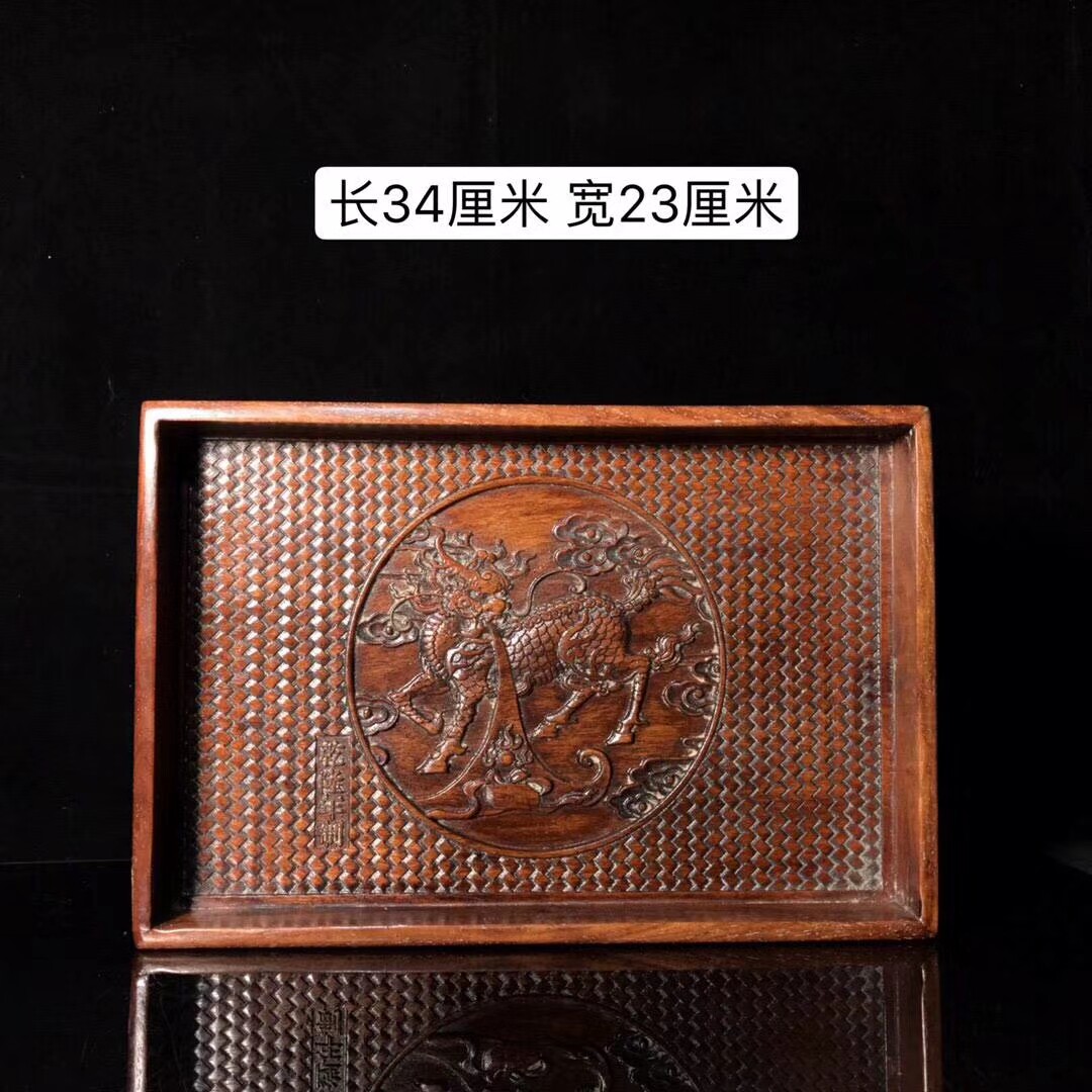 Antique solid wood tray collection antique and old rosewood relief kylin tea tray tray ornaments home decoration gifts