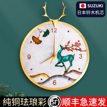 Pure copper enamel color new Chinese wall clock living room household net red modern light luxury deer head Chinese style clock watch hanging wall