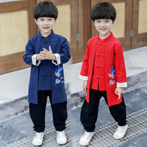 Childrens Tang suit spring and autumn cotton linen boy baby fake two pieces of medium-length ethnic Hanfu retro two-piece set