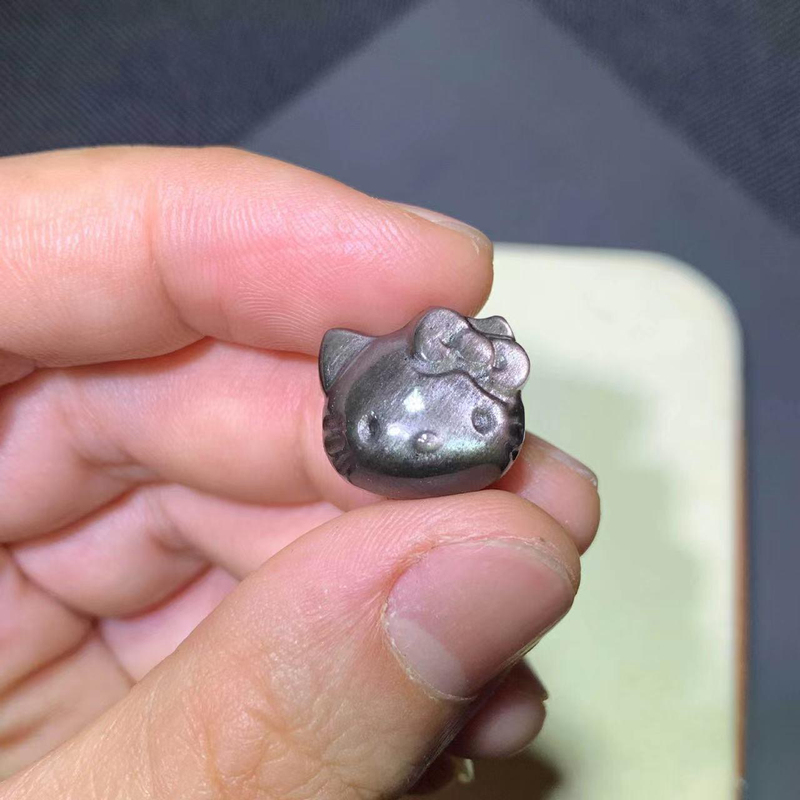DIY Natural Silver Obsidian Hello Kitty Head Bracelet for Women, Cute Kitten Pendant Necklace Accessory Gift