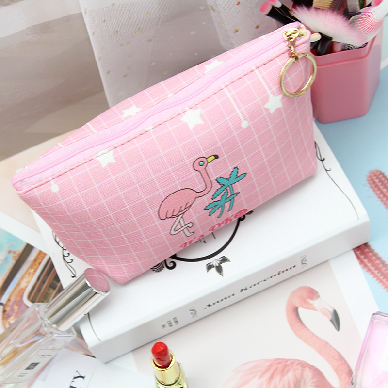 Korean version of ins small fresh flamingo pink panther cosmetic bag cute girl heart convenient storage bag wash bag female