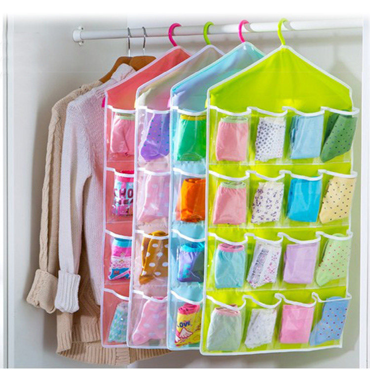 Storage door storage bag hanging bag wardrobe transparent 16 grid wardrobe rear underwear socks can be hung wall storage bag