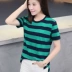 Mùa hè mới chia tay áo thun cotton sọc ngắn tay nữ phiên bản Hàn Quốc nhỏ bé cổ tròn rộng tay áo sơ mi nửa tay - Áo phông áo phông nữ cao cấp Áo phông