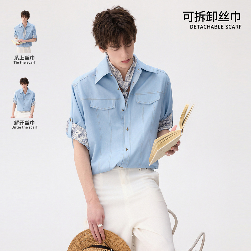 Chicerro Sicilian Men's Clothing 2026 Summer New Light Luxury Detachable Paisley Scarf Collar Shirt for Men Chicerro Sicilian Men's Clothing 2026 Summer New Light Luxury Detachable Paisley Scarf Collar Shirt for Men