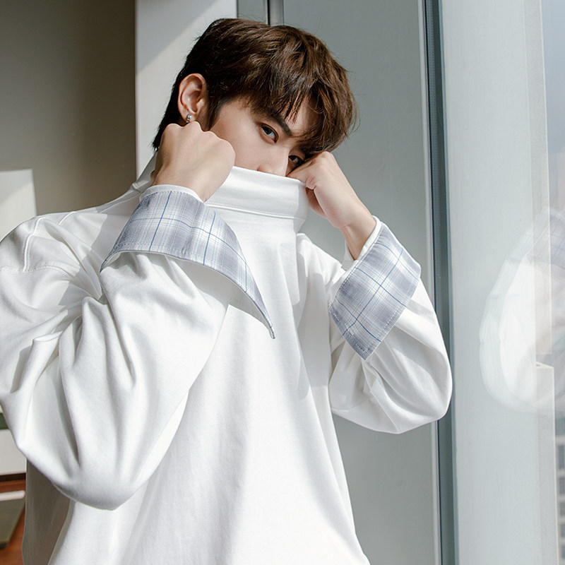 CHICERRO Sicilian men's fake two-piece half-high collar niche long-sleeved T-shirt round neck pullover casual bottoming shirt