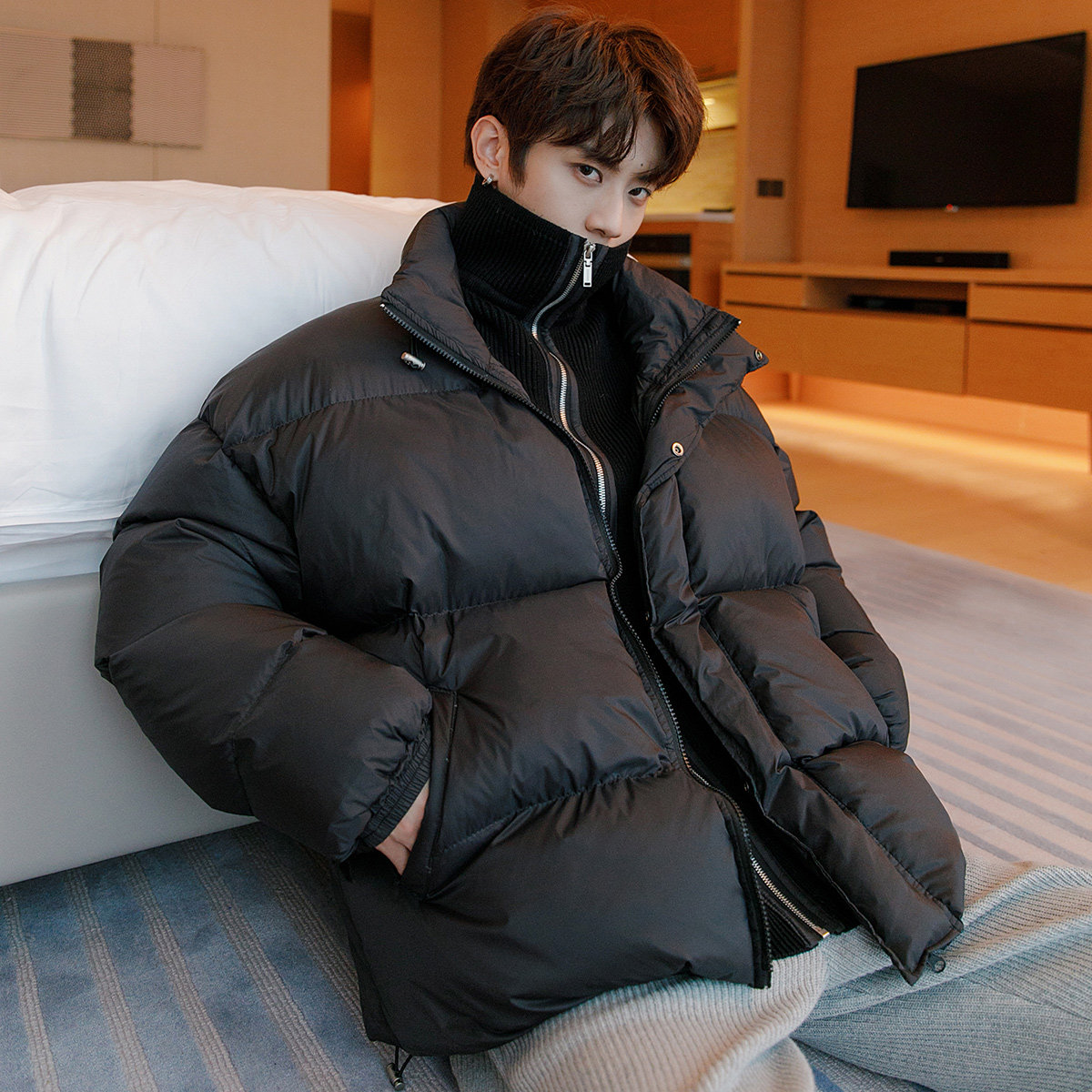 CHICERRO Sicilian men's fake two-piece high-neck down jacket thickened casual loose black bread suit