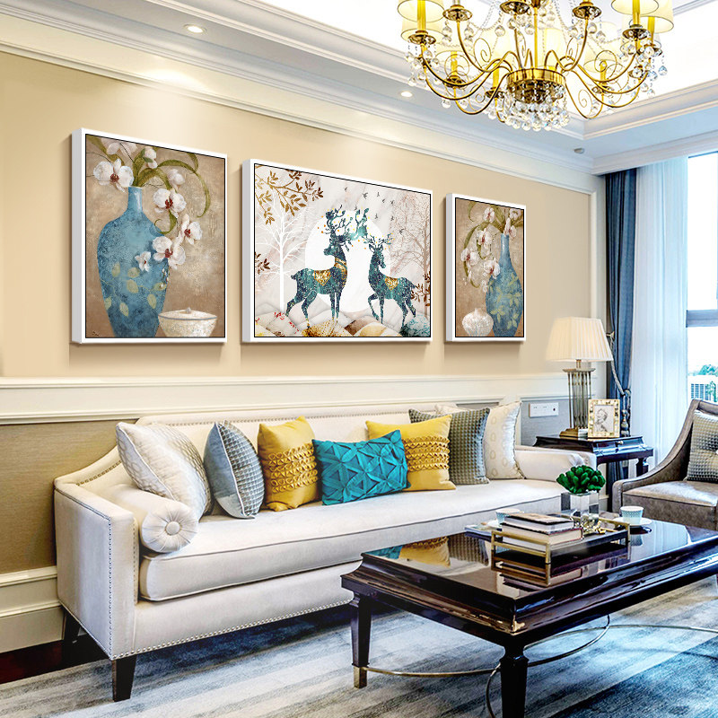 Living Room Decoration Painting Sofa Background Wall Hanging Painting Blue Modern Minimalist Wall Painting Nordic Style Triptych Mural Painting